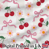 Cute Cherry and Daisy Flowers with Pink Ribbon Bows   Neutral Check Background Digital Print Fabric by the Metre UK Sewing Quilting Textile