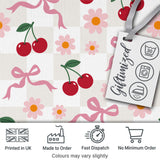 Cute Cherry and Daisy Flowers with Pink Ribbon Bows   Neutral Check Background Digital Print Fabric by the Metre UK Sewing Quilting Textile