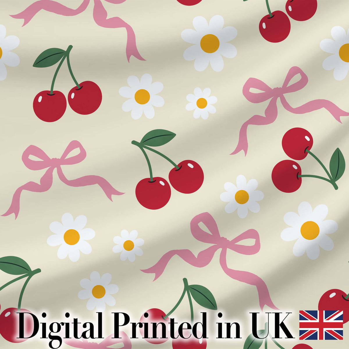 Cute Cherry and Daisy Flowers with Pink Ribbon Bows  Pattern Cream Background Digital Print Fabric by the Metre UK Sewing Quilting Textile