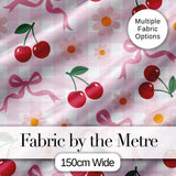 Cute Cherry and Daisy Flowers with Pink Ribbon Bows   Pink Gingham Background Digital Print Fabric by the Metre UK Sewing Quilting Textile