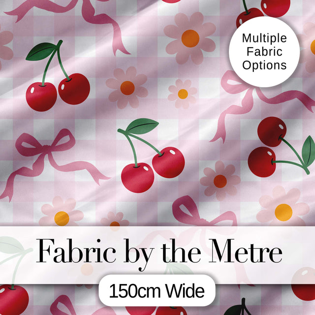 Cute Cherry and Daisy Flowers with Pink Ribbon Bows   Pink Gingham Background Digital Print Fabric by the Metre UK Sewing Quilting Textile