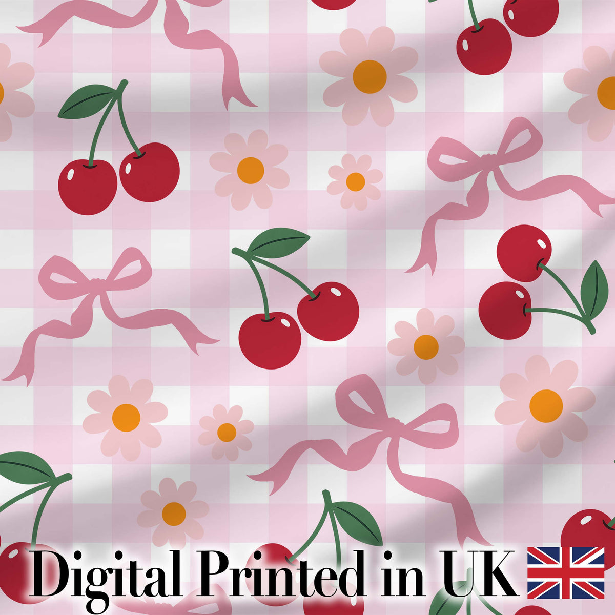 Cute Cherry and Daisy Flowers with Pink Ribbon Bows   Pink Gingham Background Digital Print Fabric by the Metre UK Sewing Quilting Textile
