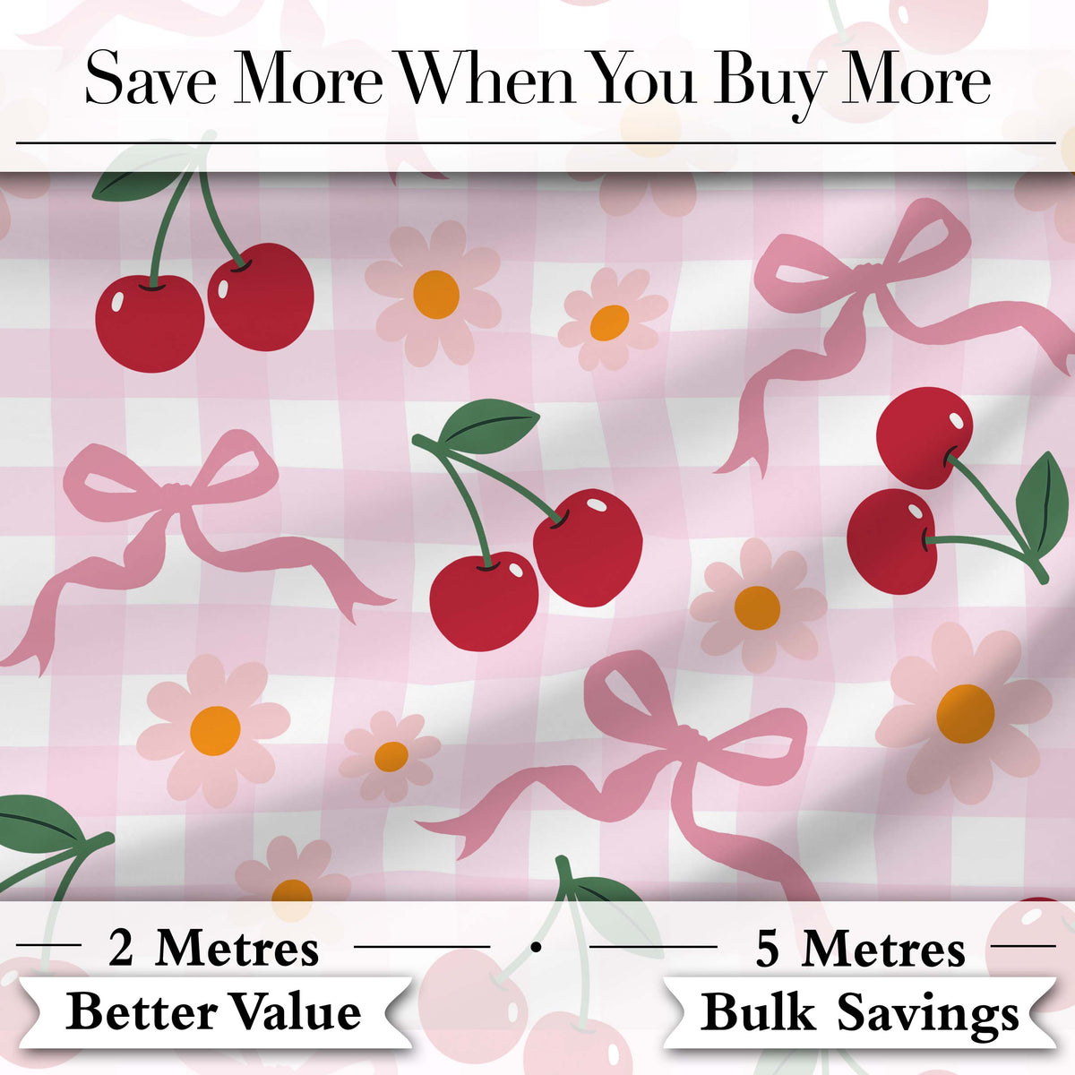 Cute Cherry and Daisy Flowers with Pink Ribbon Bows   Pink Gingham Background Digital Print Fabric by the Metre UK Sewing Quilting Textile