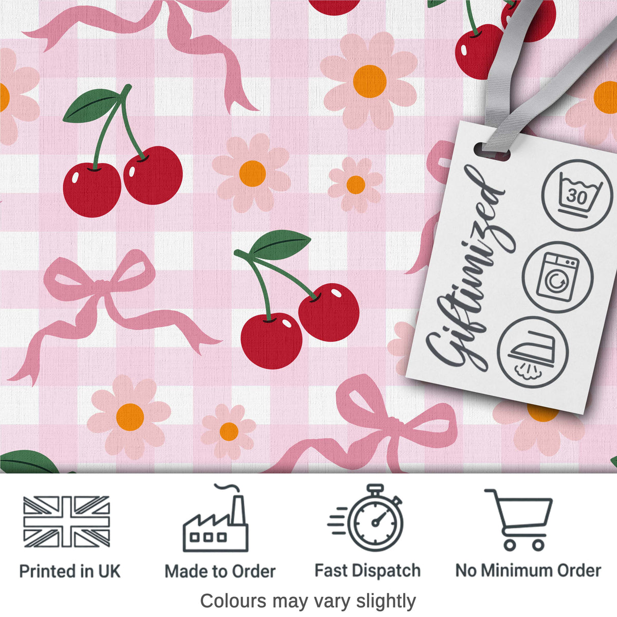 Cute Cherry and Daisy Flowers with Pink Ribbon Bows   Pink Gingham Background Digital Print Fabric by the Metre UK Sewing Quilting Textile
