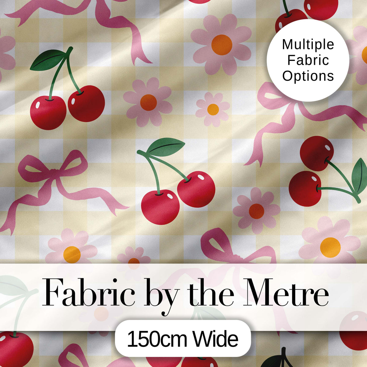 Cute Cherry and Daisy Flowers with Pink Ribbon Bows   Yellow Gingham Background Digital Print Fabric by the Metre UK Sewing Quilting Textile