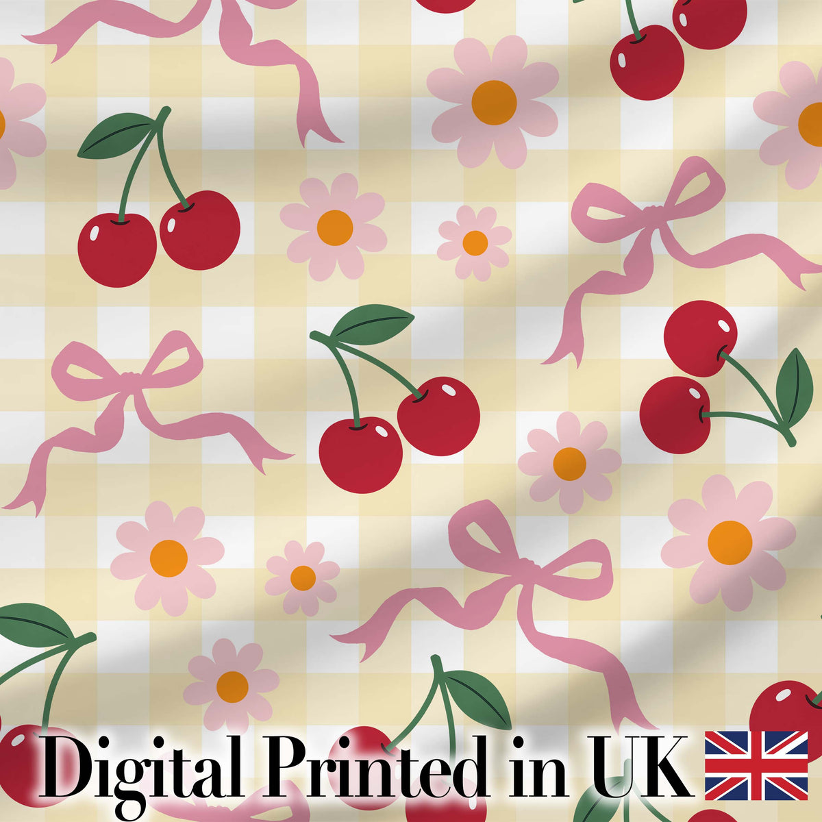 Cute Cherry and Daisy Flowers with Pink Ribbon Bows   Yellow Gingham Background Digital Print Fabric by the Metre UK Sewing Quilting Textile