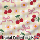 Cute Cherry and Daisy Flowers with Pink Ribbon Bows   Yellow Gingham Background Digital Print Fabric by the Metre UK Sewing Quilting Textile