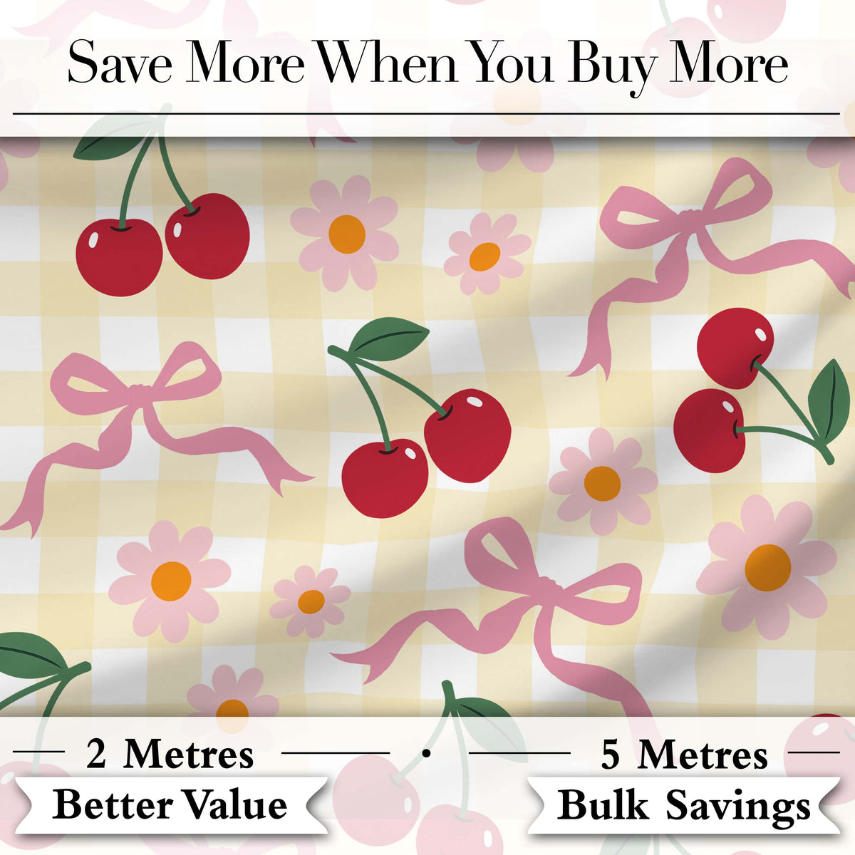 Cute Cherry and Daisy Flowers with Pink Ribbon Bows   Yellow Gingham Background Digital Print Fabric by the Metre UK Sewing Quilting Textile