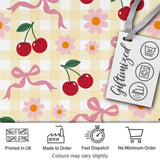 Cute Cherry and Daisy Flowers with Pink Ribbon Bows   Yellow Gingham Background Digital Print Fabric by the Metre UK Sewing Quilting Textile