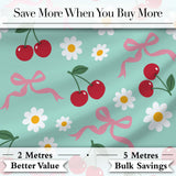 Cute Cherry and Daisy Flowers with Pink Ribbon Bows  Pattern Teal Background Digital Print Fabric by the Metre UK Sewing Quilting Textile