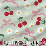 Cute Cherry and Daisy Flowers with Pink Ribbon Bows   Sage Green Background Digital Print Fabric by the Metre UK Sewing Quilting Textile
