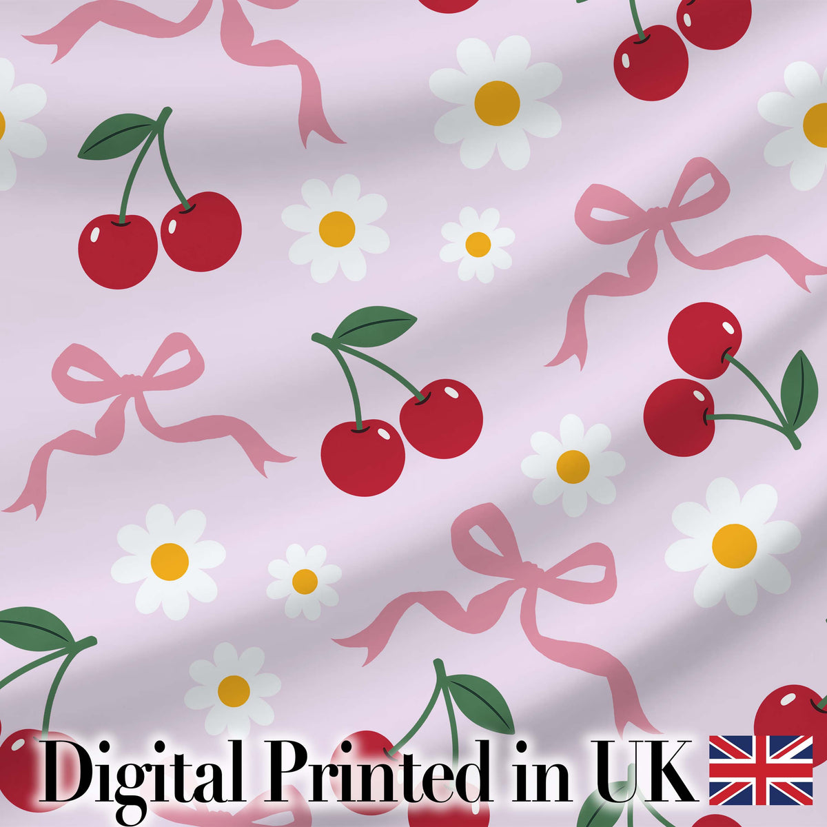 Cute Cherry and Daisy Flowers with Pink Ribbon Bows   Soft Lilac Background Digital Print Fabric by the Metre UK Sewing Quilting Textile