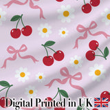 Cute Cherry and Daisy Flowers with Pink Ribbon Bows   Soft Lilac Background Digital Print Fabric by the Metre UK Sewing Quilting Textile