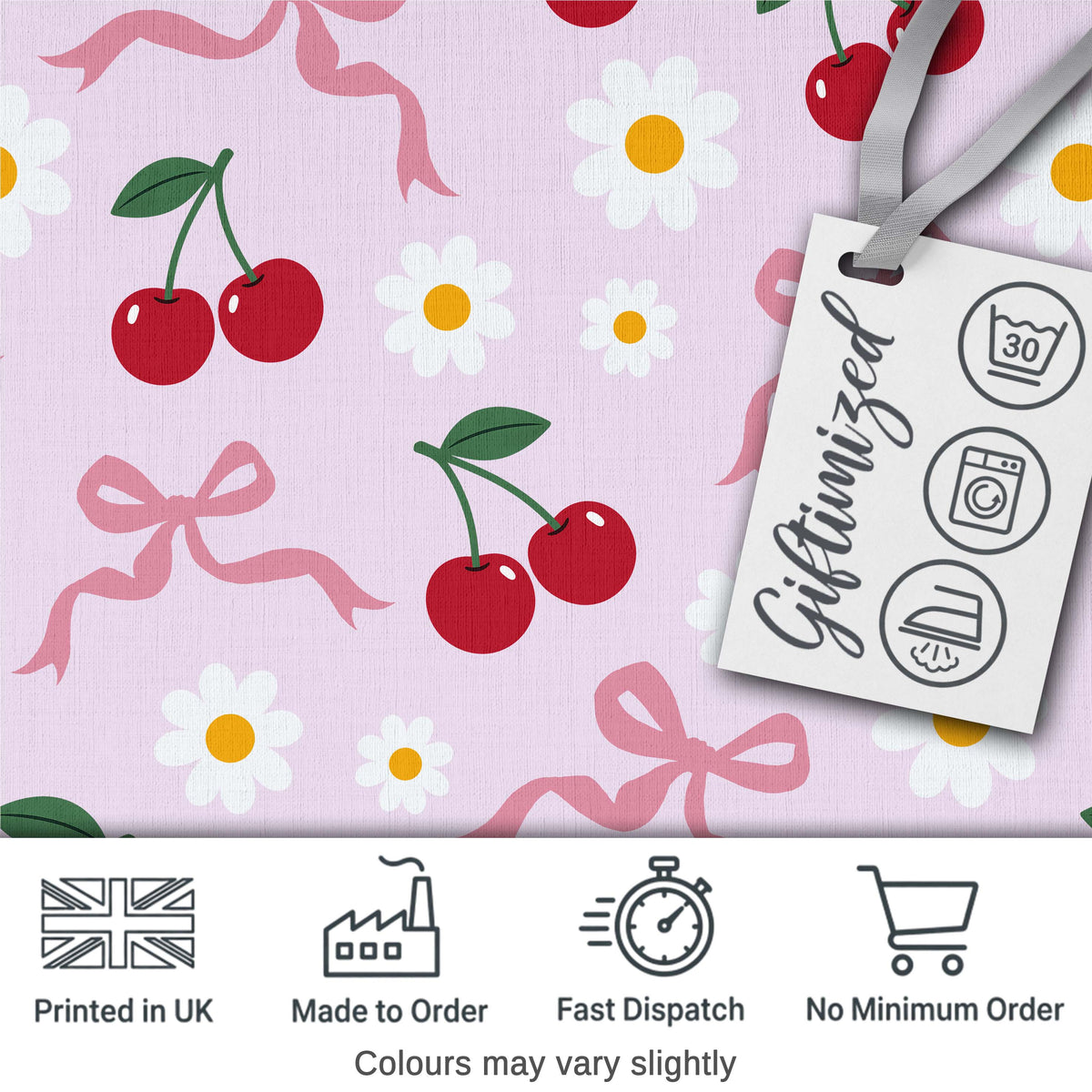 Cute Cherry and Daisy Flowers with Pink Ribbon Bows   Soft Lilac Background Digital Print Fabric by the Metre UK Sewing Quilting Textile
