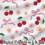 Cute Cherry and Daisy Flowers with Pink Ribbon Bows   Light Grey Background Digital Print Fabric by the Metre UK Sewing Quilting Textile