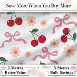 Cute Cherry and Daisy Flowers with Pink Ribbon Bows   Light Grey Background Digital Print Fabric by the Metre UK Sewing Quilting Textile