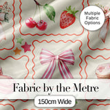 Cute Cherry and Daisy Flowers with Pink Ribbon Bows  Pattern White Background Digital Print Fabric by the Metre UK Sewing Quilting Textile