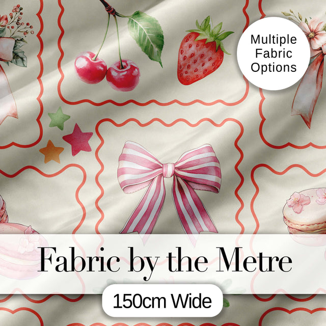Cute Cherry and Daisy Flowers with Pink Ribbon Bows  Pattern White Background Digital Print Fabric by the Metre UK Sewing Quilting Textile