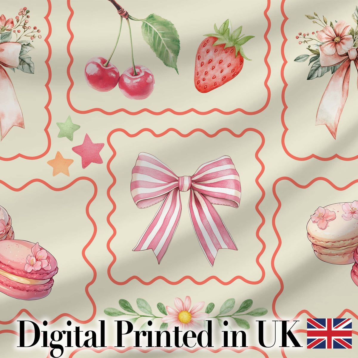 Cute Cherry and Daisy Flowers with Pink Ribbon Bows  Pattern White Background Digital Print Fabric by the Metre UK Sewing Quilting Textile