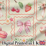 Cute Cherry and Daisy Flowers with Pink Ribbon Bows  Pattern White Background Digital Print Fabric by the Metre UK Sewing Quilting Textile