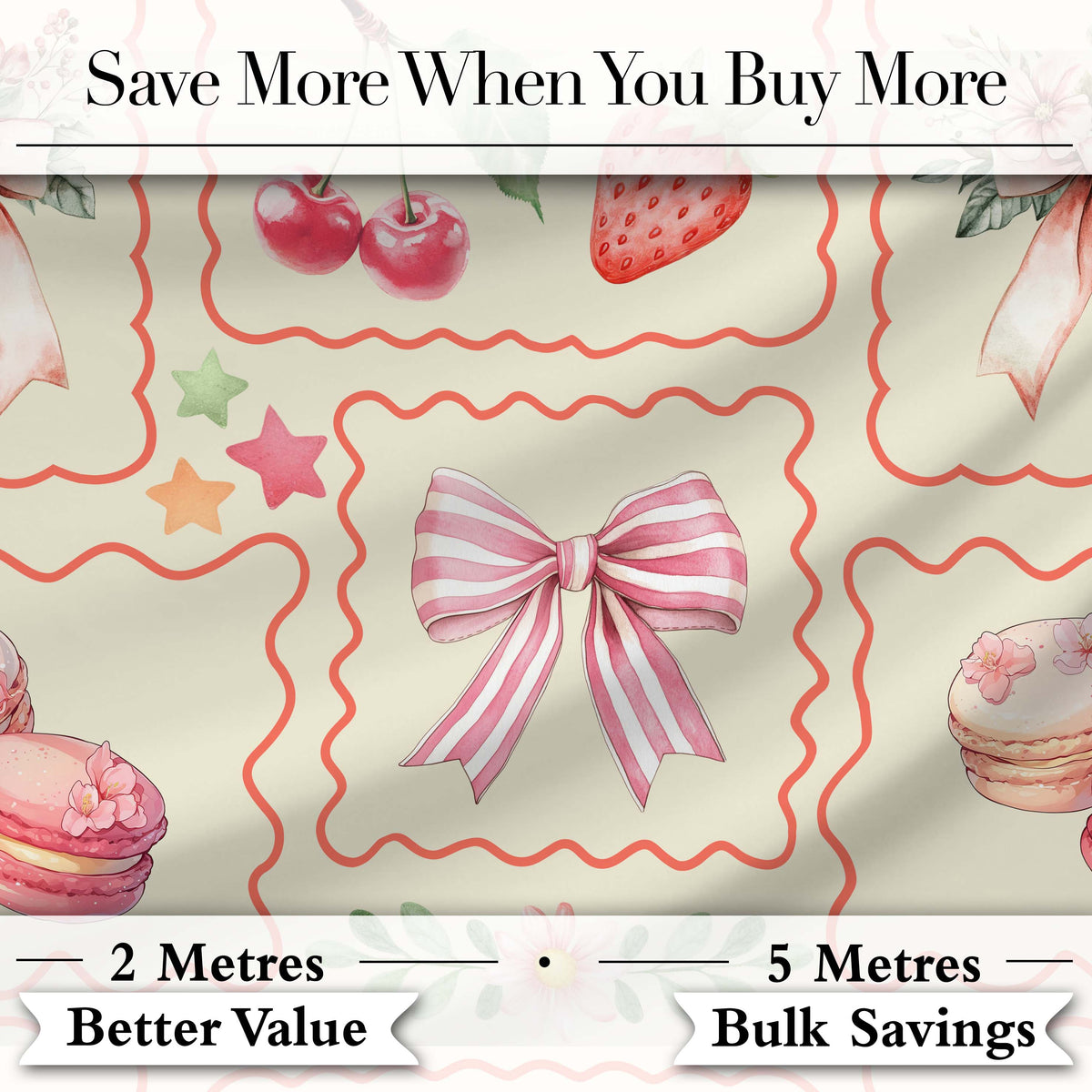 Cute Cherry and Daisy Flowers with Pink Ribbon Bows  Pattern White Background Digital Print Fabric by the Metre UK Sewing Quilting Textile