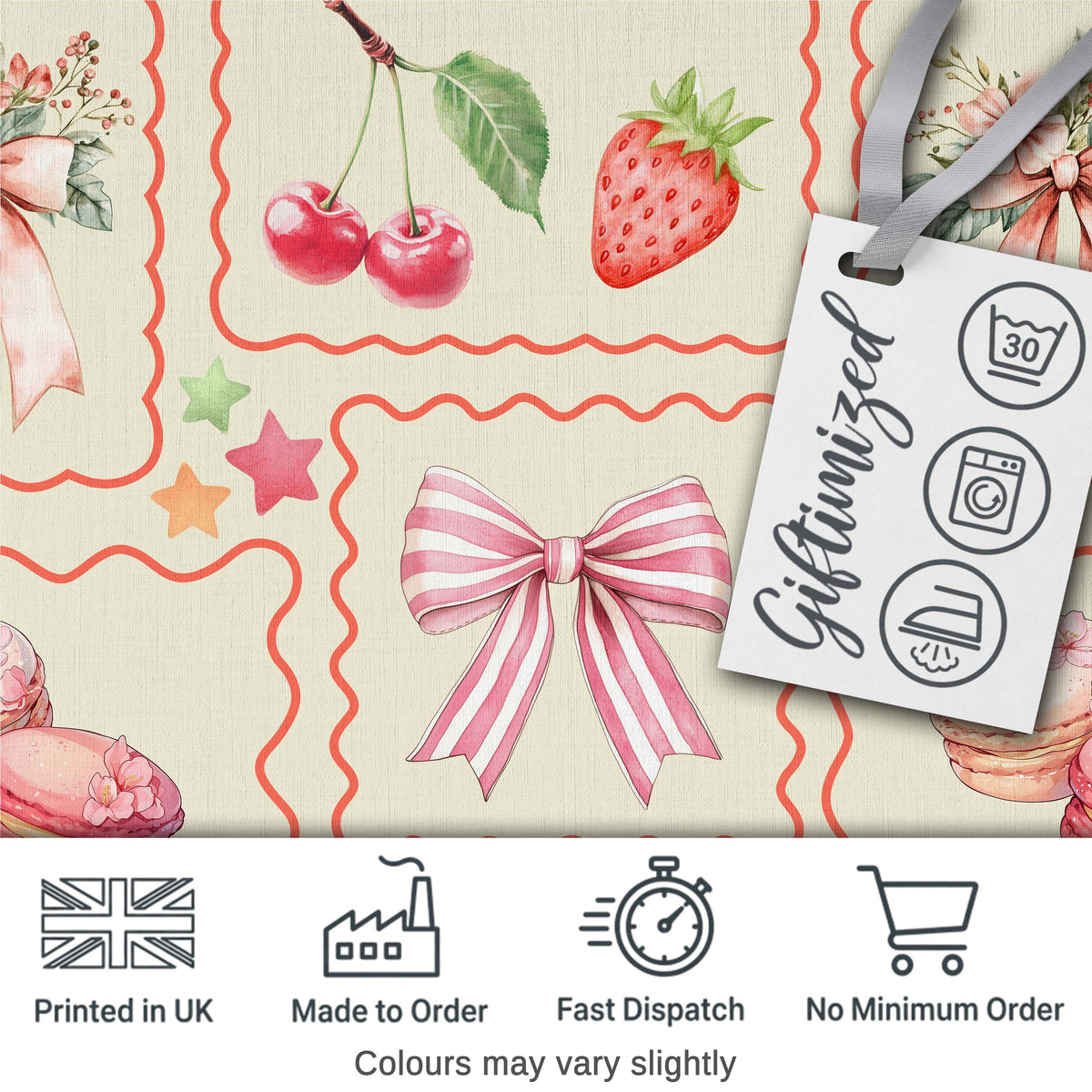 Cute Cherry and Daisy Flowers with Pink Ribbon Bows  Pattern White Background Digital Print Fabric by the Metre UK Sewing Quilting Textile