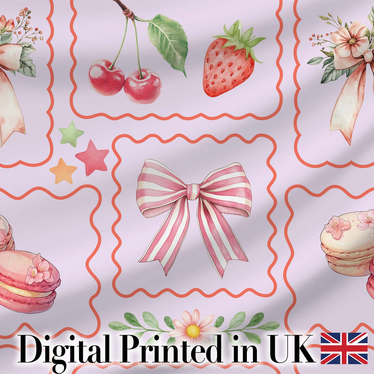 Cute Watercolor Cherry Strawberry RibbonBow Macaron Frame Soft Lilac Background Digital Print Fabric by the Metre UK Sewing Quilting Textile