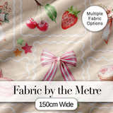 Cute Watercolor Cherry Strawberry Ribbon Bow and Macaron Frame Beige Background Digital Print Fabric by the Metre UK Sewing Quilting Textile