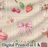 Cute Watercolor Cherry Strawberry Ribbon Bow and Macaron Frame Beige Background Digital Print Fabric by the Metre UK Sewing Quilting Textile