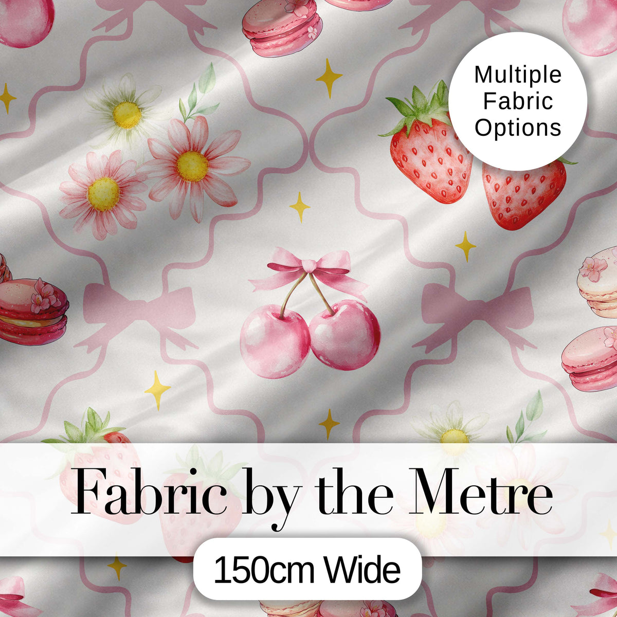 Cute Watercolor Cherry Strawberry Daisy Flowers Pink Bow Light Grey Background Digital Print Fabric by the Metre UK Sewing Quilting Textile