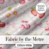 Cute Watercolor Cherry Strawberry Daisy Flowers Pink Bow Light Grey Background Digital Print Fabric by the Metre UK Sewing Quilting Textile