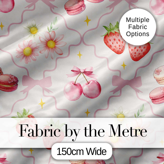 Cute Watercolor Cherry Strawberry Daisy Flowers Pink Bow Light Grey Background Digital Print Fabric by the Metre UK Sewing Quilting Textile