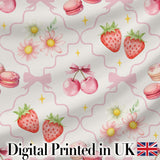 Cute Watercolor Cherry Strawberry Daisy Flowers Pink Bow Light Grey Background Digital Print Fabric by the Metre UK Sewing Quilting Textile