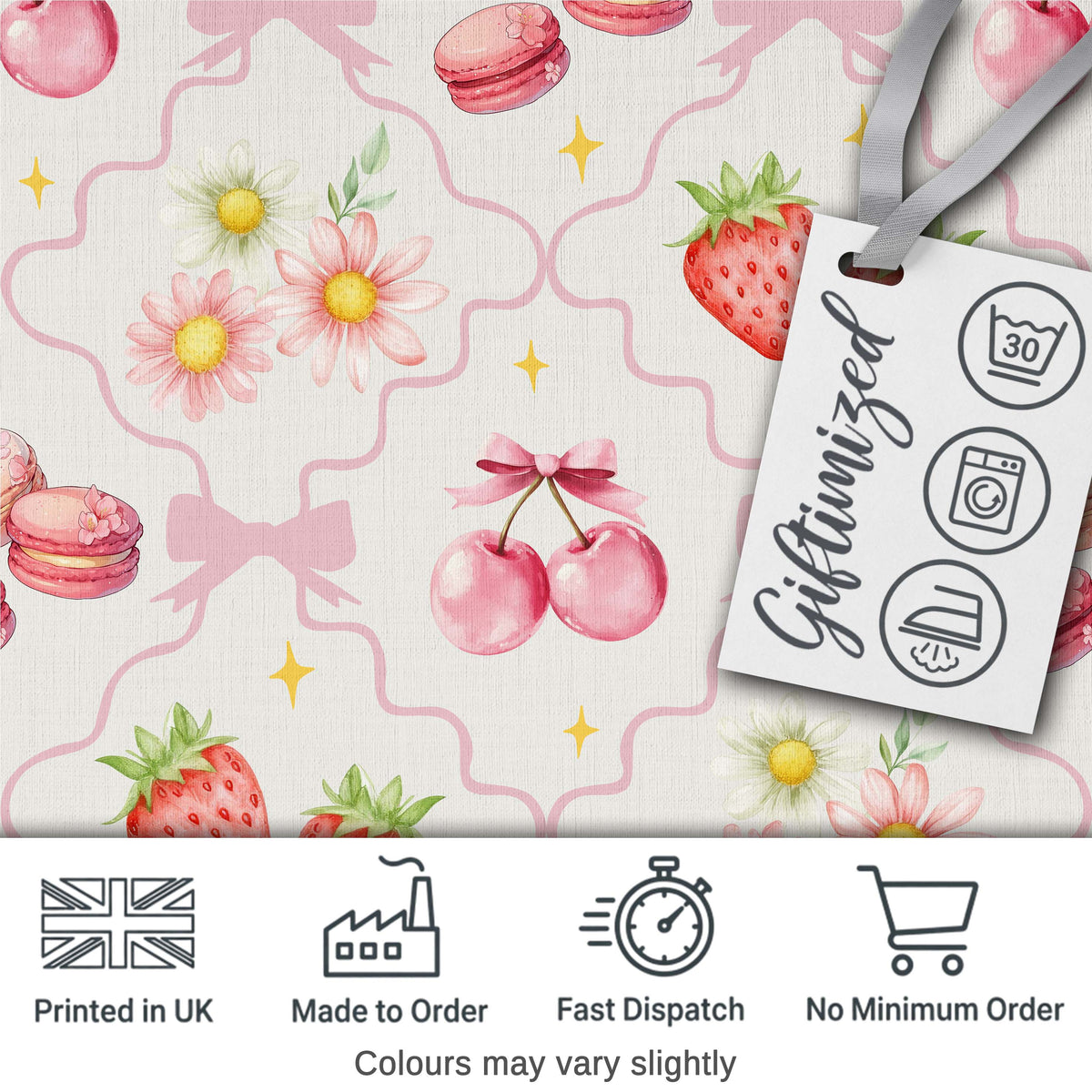 Cute Watercolor Cherry Strawberry Daisy Flowers Pink Bow Light Grey Background Digital Print Fabric by the Metre UK Sewing Quilting Textile