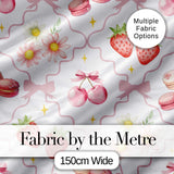 Cute Watercolor Cherry Strawberry Daisy Flowers and Pink Bow White Background Digital Print Fabric by the Metre UK Sewing Quilting Textile