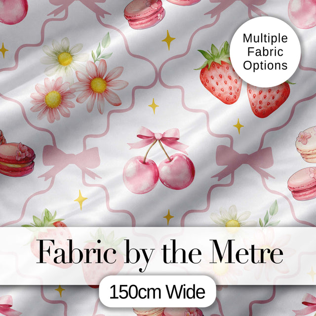 Cute Watercolor Cherry Strawberry Daisy Flowers and Pink Bow White Background Digital Print Fabric by the Metre UK Sewing Quilting Textile