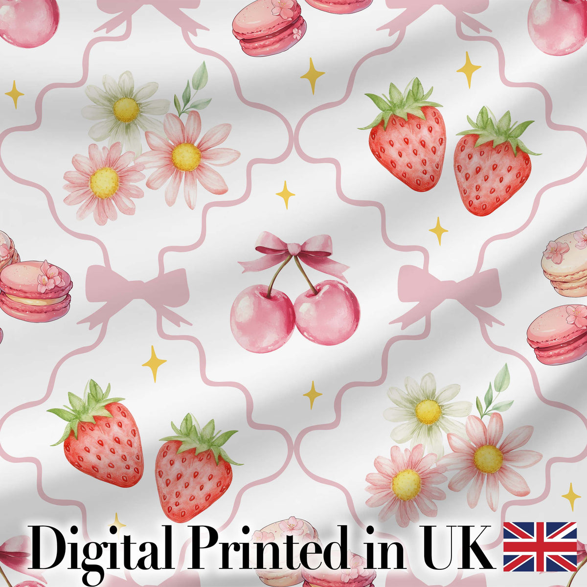 Cute Watercolor Cherry Strawberry Daisy Flowers and Pink Bow White Background Digital Print Fabric by the Metre UK Sewing Quilting Textile