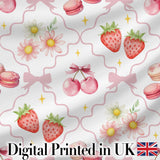 Cute Watercolor Cherry Strawberry Daisy Flowers and Pink Bow White Background Digital Print Fabric by the Metre UK Sewing Quilting Textile