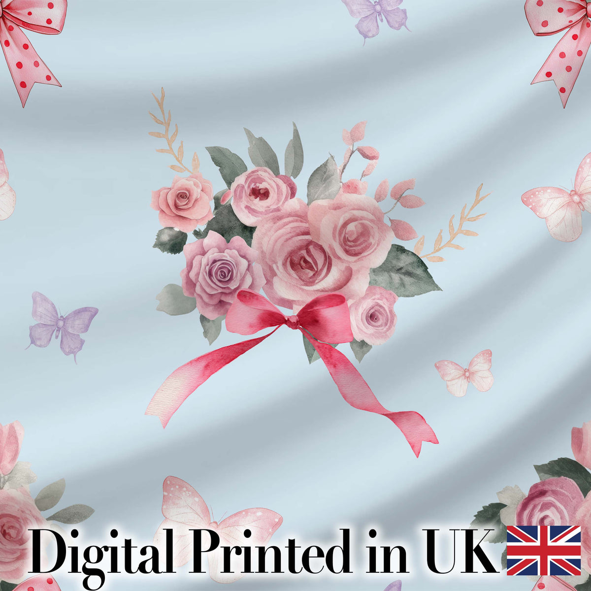 Cute Watercolor Floral Roses with Red Ribbon and Butterflies  Blue Background Digital Print Fabric by the Metre UK Sewing Quilting Textile