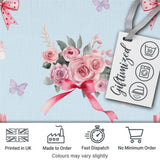 Cute Watercolor Floral Roses with Red Ribbon and Butterflies  Blue Background Digital Print Fabric by the Metre UK Sewing Quilting Textile