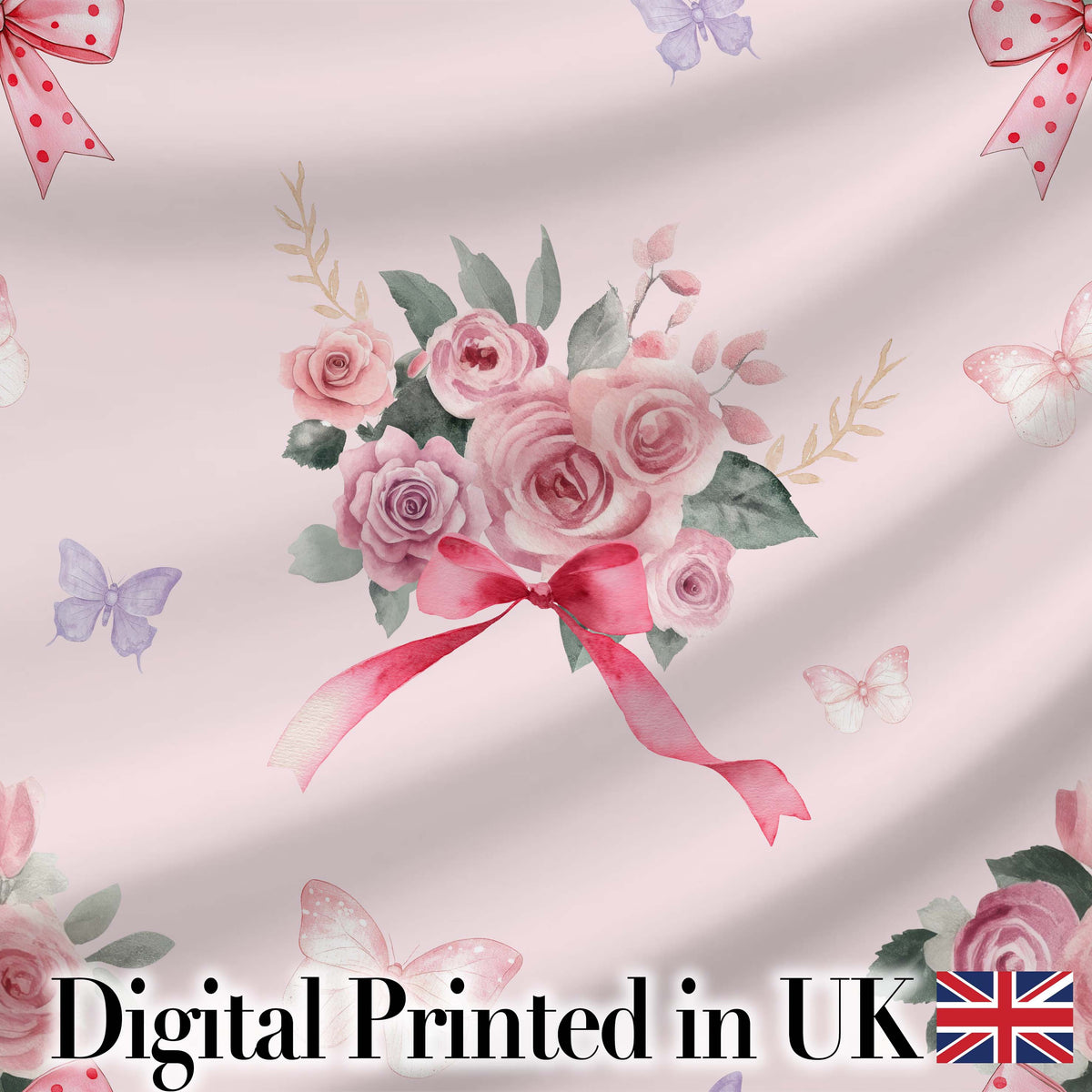 Watercolor Rose Bouquet with Red Ribbon and Butterflies Soft Blush Background Digital Print Fabric by the Metre UK Sewing Quilting Textile