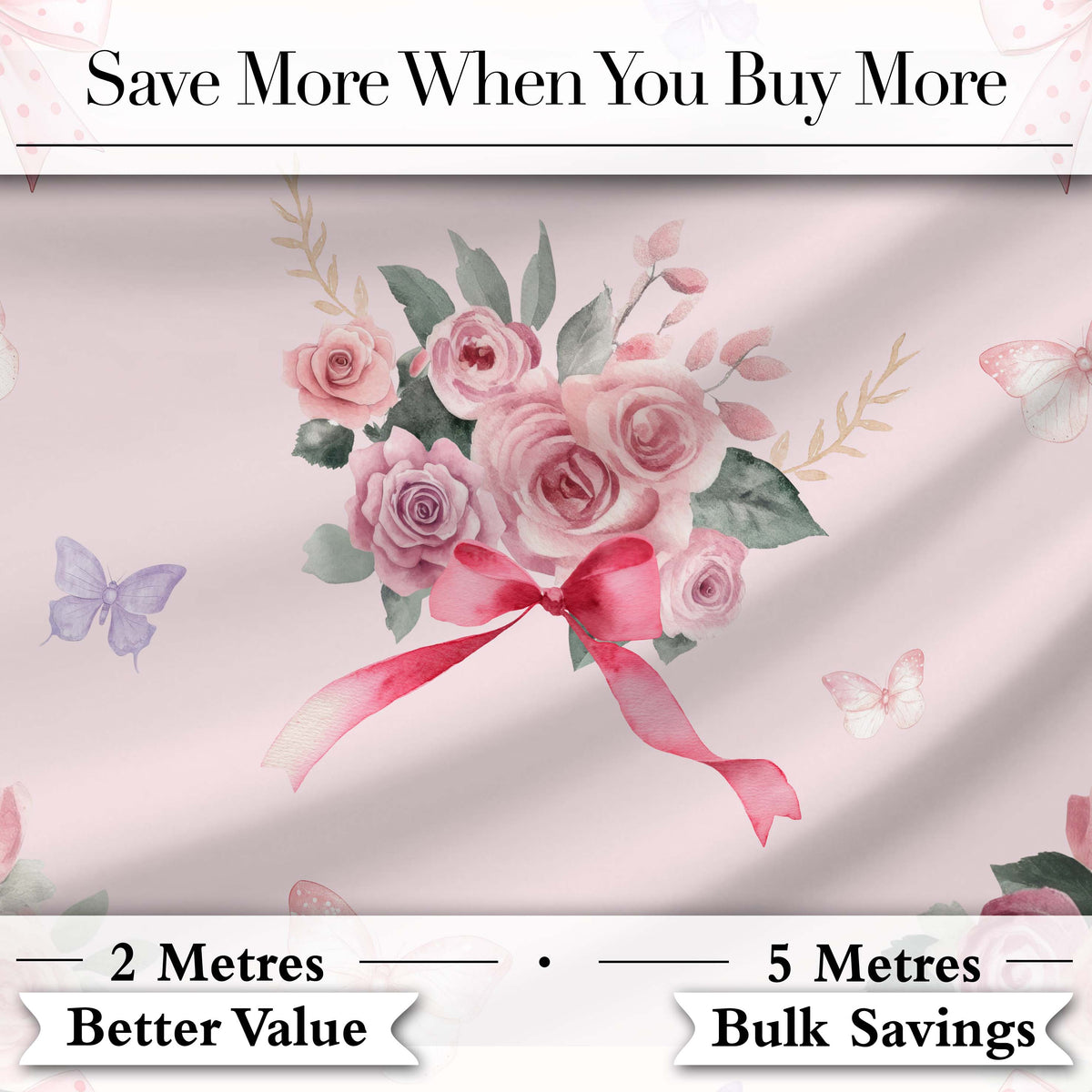 Watercolor Rose Bouquet with Red Ribbon and Butterflies Soft Blush Background Digital Print Fabric by the Metre UK Sewing Quilting Textile