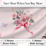 Watercolor Rose Bouquet with Red Ribbon and Butterflies Soft Blush Background Digital Print Fabric by the Metre UK Sewing Quilting Textile