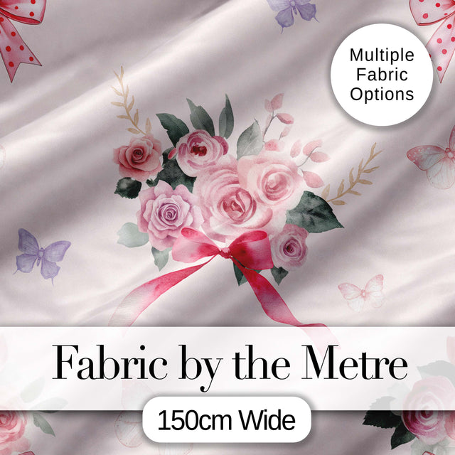 Cute Watercolor Roses Bouquet with Red Ribbon Light Pink Background Digital Print Fabric by the Metre UK Sewing Quilting Textile