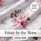 Cute Watercolor Roses Bouquet with Red Ribbon    Gingham Pink Background Digital Print Fabric by the Metre UK Sewing Quilting Textile