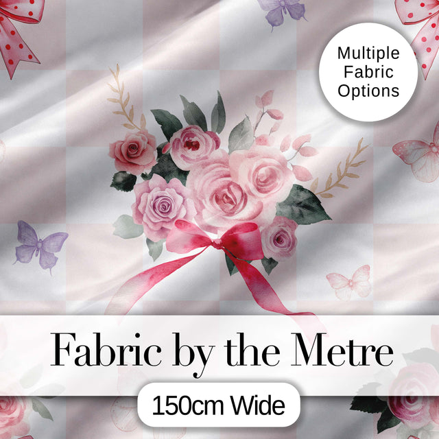 Cute Watercolor Roses Bouquet with Red Ribbon    Gingham Pink Background Digital Print Fabric by the Metre UK Sewing Quilting Textile