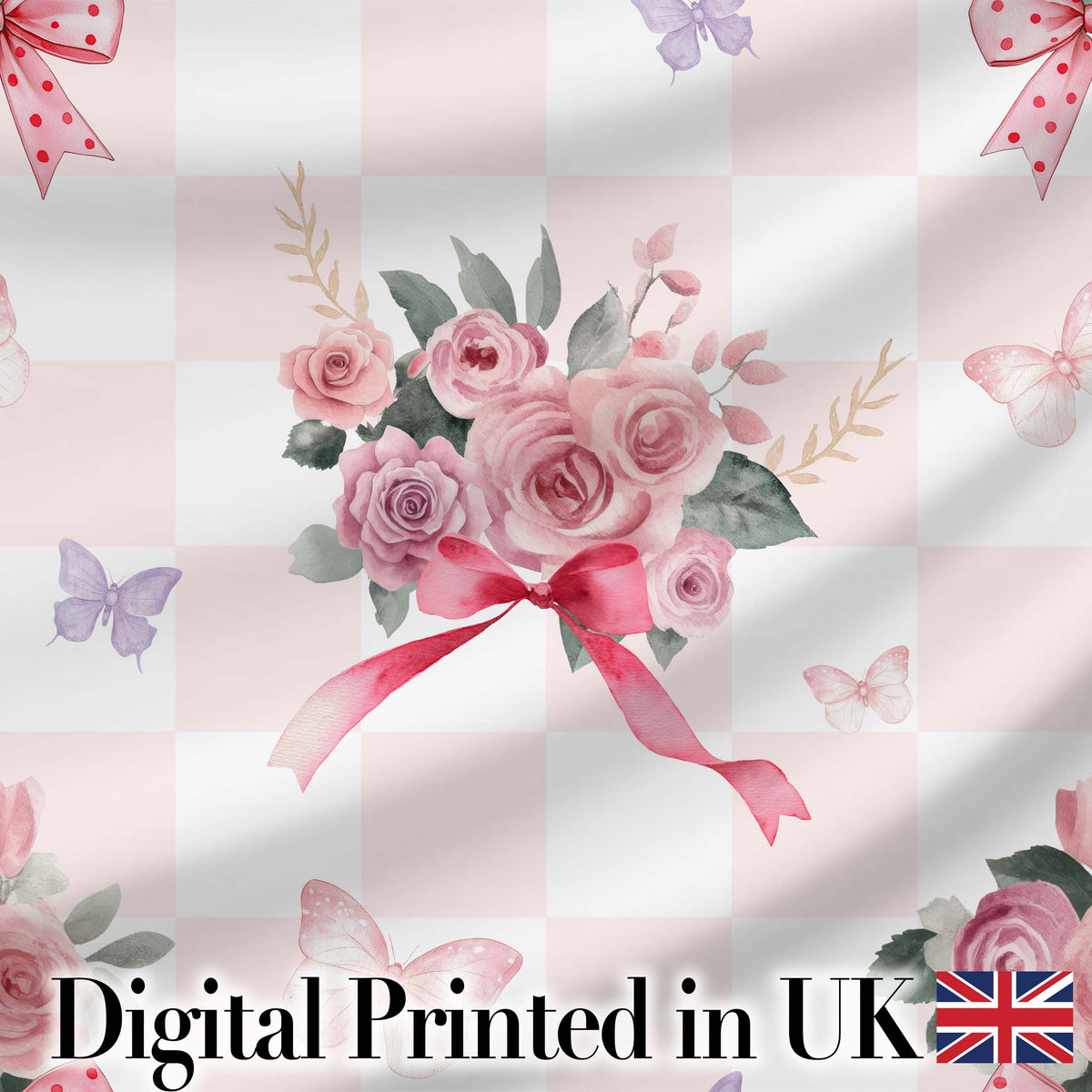 Cute Watercolor Roses Bouquet with Red Ribbon    Gingham Pink Background Digital Print Fabric by the Metre UK Sewing Quilting Textile