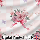 Cute Watercolor Roses Bouquet with Red Ribbon    Gingham Pink Background Digital Print Fabric by the Metre UK Sewing Quilting Textile