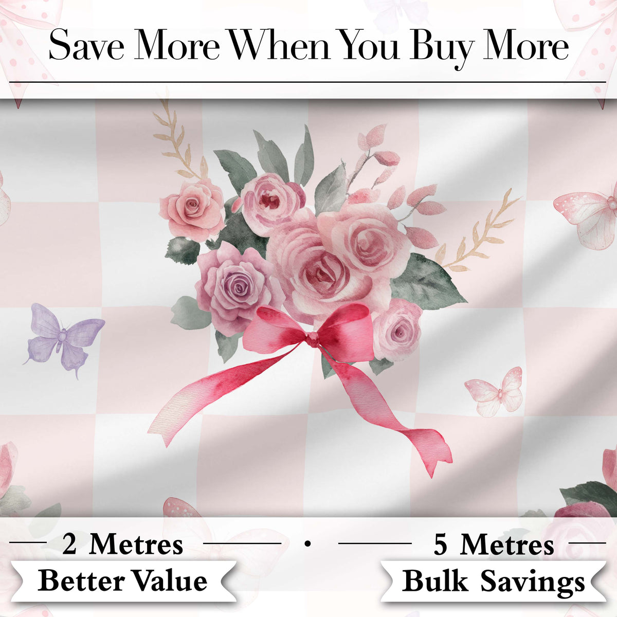 Cute Watercolor Roses Bouquet with Red Ribbon    Gingham Pink Background Digital Print Fabric by the Metre UK Sewing Quilting Textile