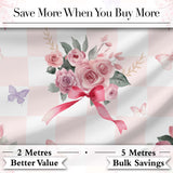Cute Watercolor Roses Bouquet with Red Ribbon    Gingham Pink Background Digital Print Fabric by the Metre UK Sewing Quilting Textile